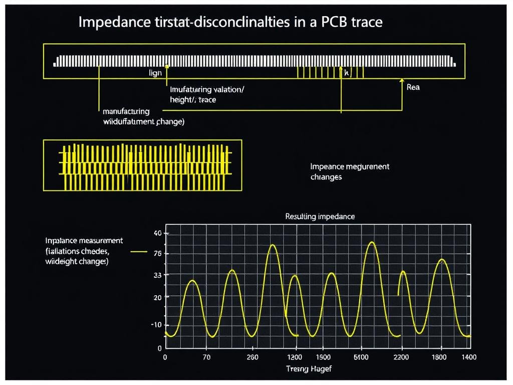 Diagram showing impedance discontinuities in PCB traces due to manufacturing variations Diagram showing impedance discontinuities in PCB traces due to manufacturing variations