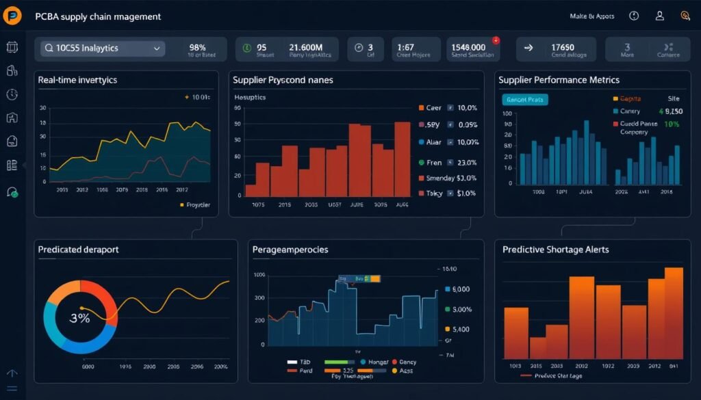 Digital dashboard showing PCBA supply chain analytics and IoT integration