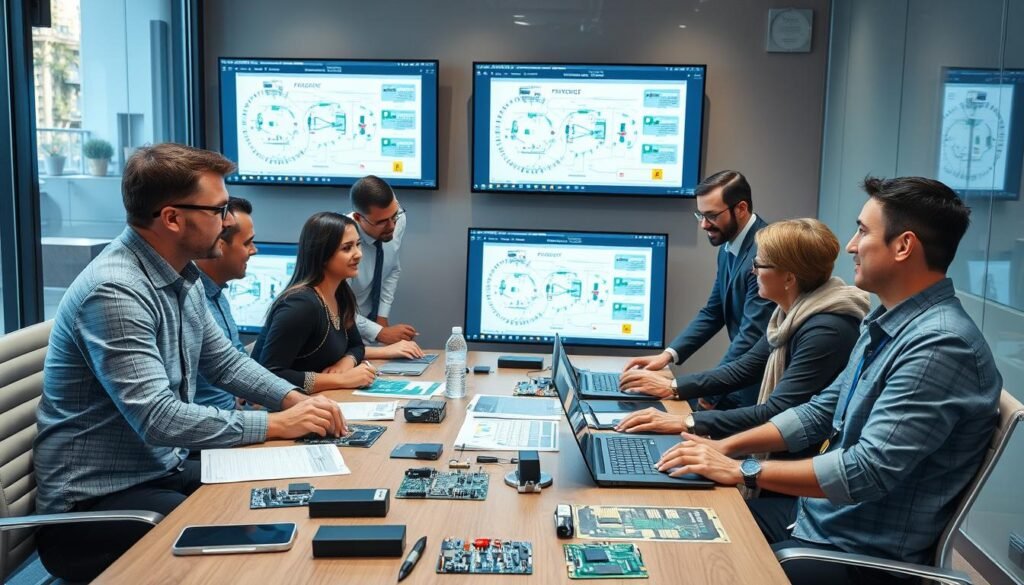 Electronics manufacturers in collaborative meeting discussing PCBA supply chain strategies