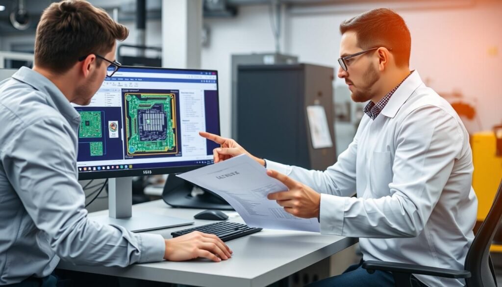 Engineer collaborating with manufacturer on DFM feedback Engineer collaborating with manufacturer on DFM feedback