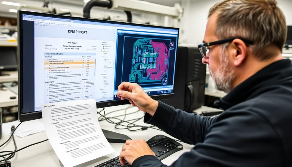 Engineer reviewing a DFM Report with highlighted issues on a PCB design