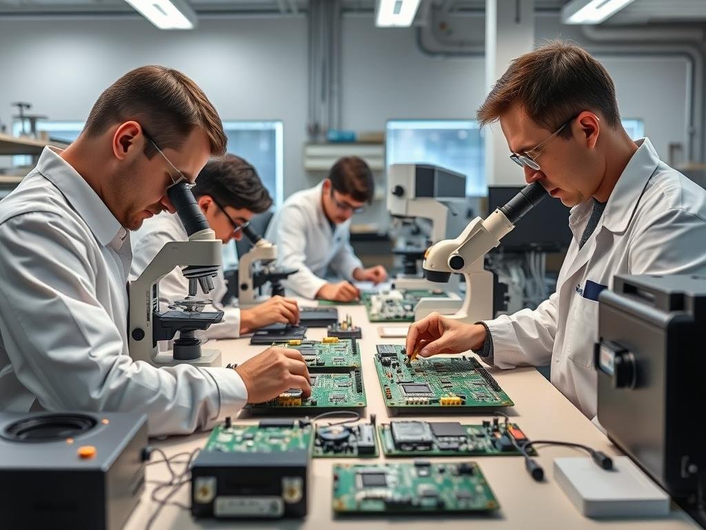 Engineers inspecting PCBA prototype quality before mass production