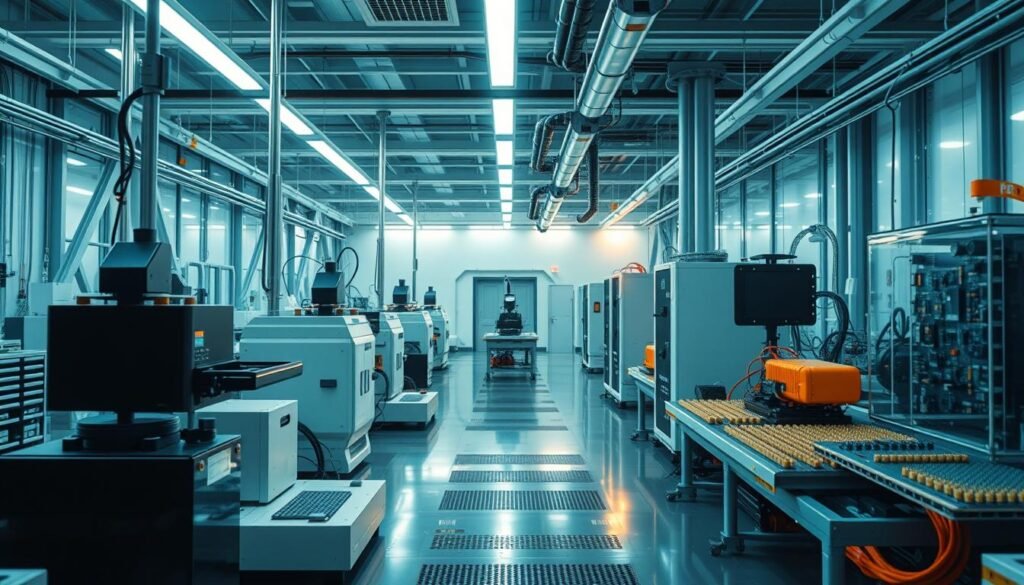 Futuristic PCBA manufacturing facility with advanced automation and reshoring elements
