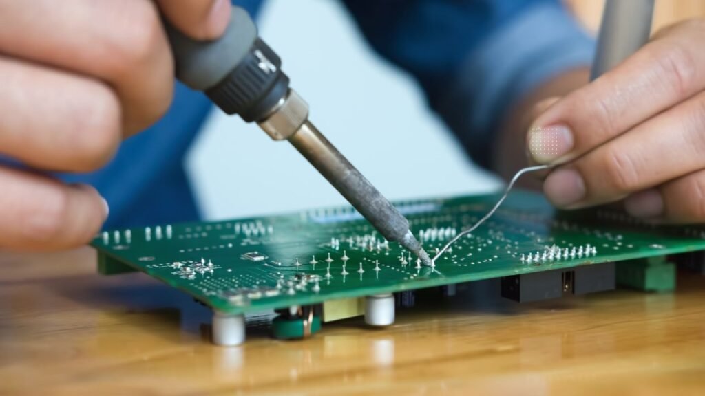 A close-up shot of a person using a soldering iron to attach components to a green printed circuit board (PCB), illustrating the careful process of assembly.