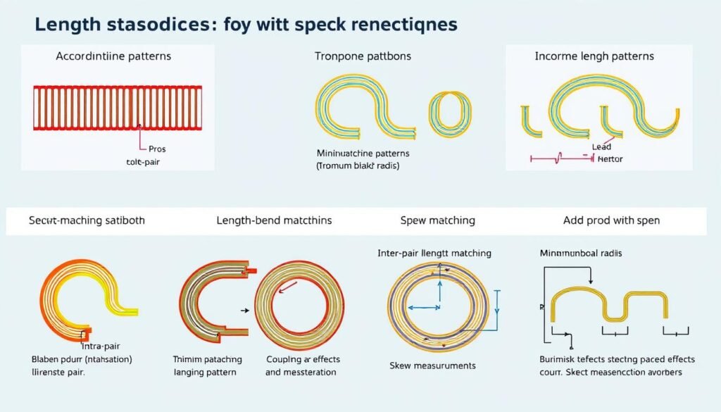 Length matching techniques for high-speed differential pairs showing serpentine patterns Length matching techniques for high-speed differential pairs showing serpentine patterns