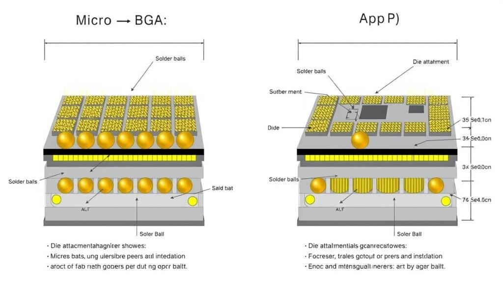 Micro-BGA and PoP Assembly comparison showing the structural differences between the two packaging technologies
