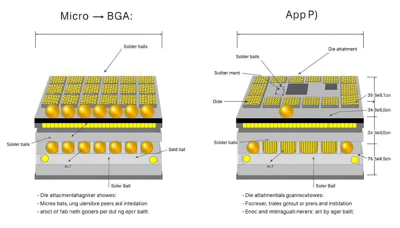 Micro-BGA and PoP Assembly comparison showing the structural differences between the two packaging technologies