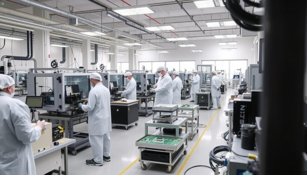 Modern PCBA manufacturing facility with SMT production lines for mass production of PCBAs