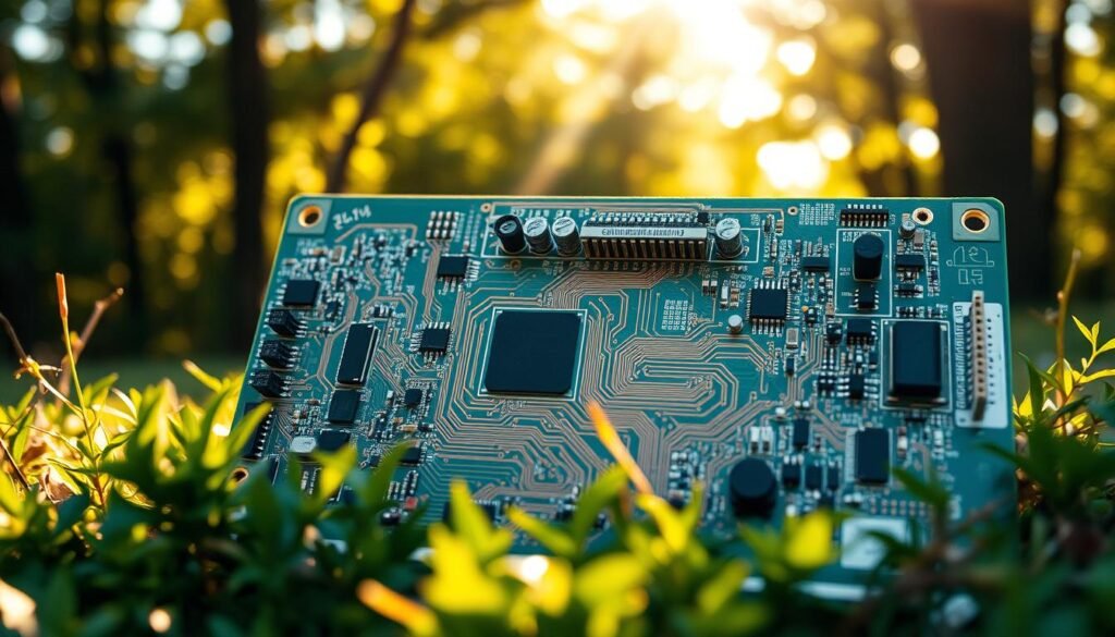 Outdoor security PCB design considerations: a highly detailed view of a complex circuit board, showcasing intricate copper traces, vias, and component layout. The board is positioned in a natural outdoor setting, surrounded by lush greenery and illuminated by warm, directional sunlight filtering through the trees. The design features robust connectors, shielding, and thermal management solutions tailored for harsh environmental conditions. The layout is optimized for reliable operation, signal integrity, and EMI/EMC compliance. The overall scene conveys a sense of ruggedness, functionality, and attention to engineering principles for outdoor security applications.