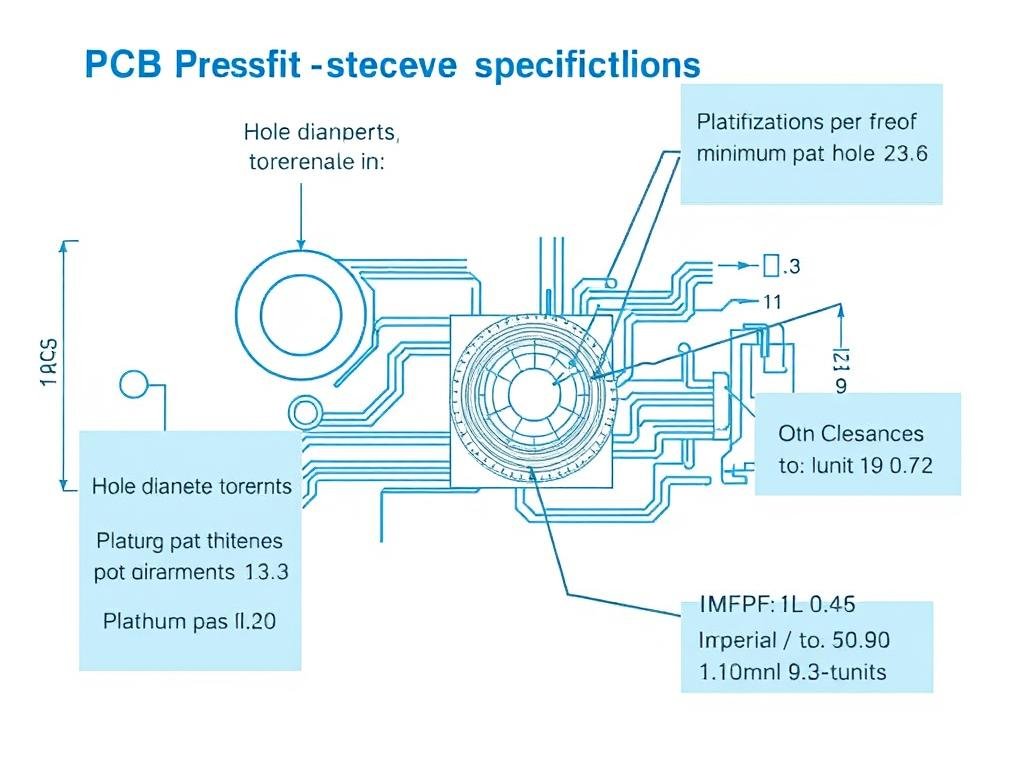PCB design specifications for press-fit technology showing hole tolerances and clearances