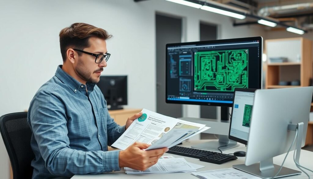 PCB designer evaluating laminate material options for a specific application