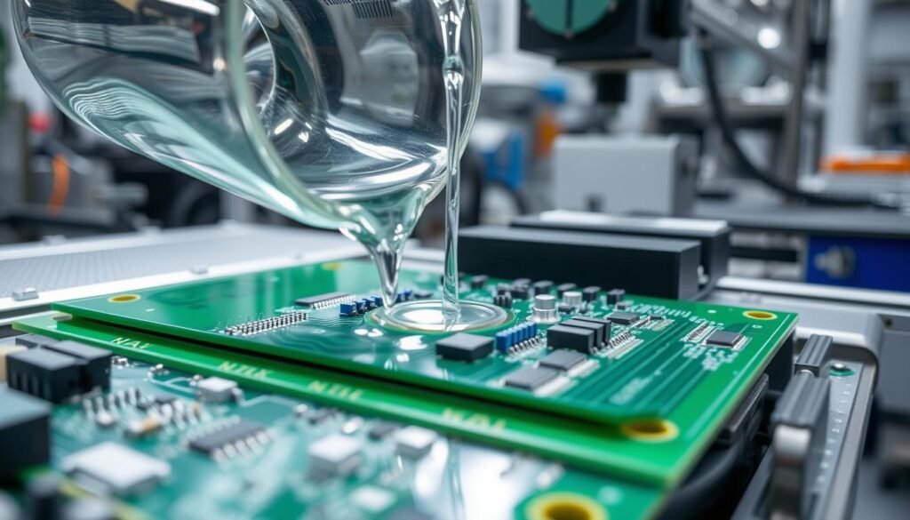 Potting and encapsulation process showing electronic components being covered with protective resin