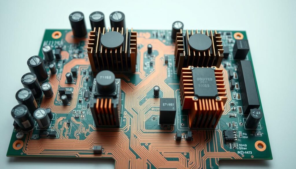 Power electronics PCBA showing high-current traces and thermal management features