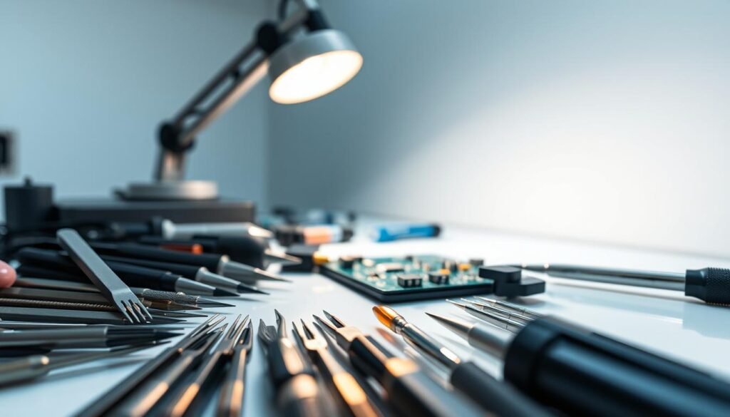Precision PCB assembly tools arranged on a clean, well-lit workbench. In the foreground, an array of delicate tweezers, precision screwdrivers, and soldering irons. In the middle ground, a magnifying lamp casts a warm glow over a circuit board with intricate, fine-pitch components. In the background, a sterile, minimalist environment with neutral colors, emphasizing the focus on the task at hand. Captured with a shallow depth of field, creating a sense of technical expertise and attention to detail.