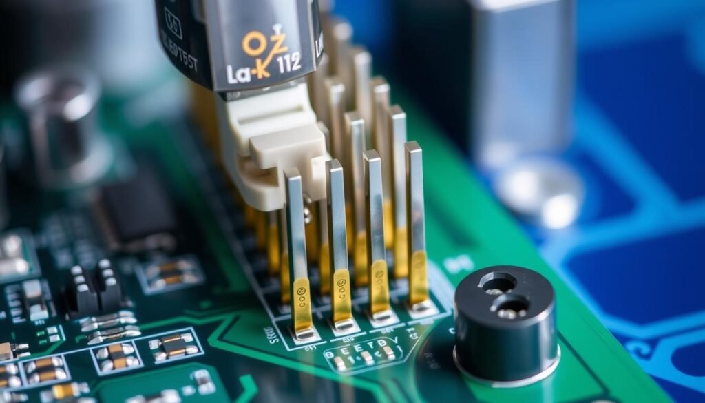 Press-Fit connector pins being inserted into a PCB showing the solderless connection technology