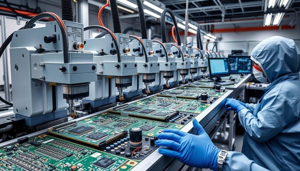 Smartphone PCB assembly line with specialized fixtures for Micro-BGA and PoP components