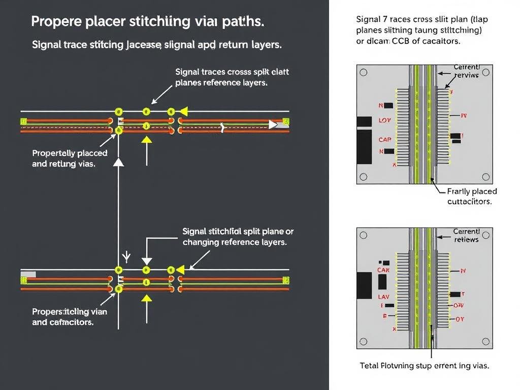 Stitching via placement for maintaining signal return paths