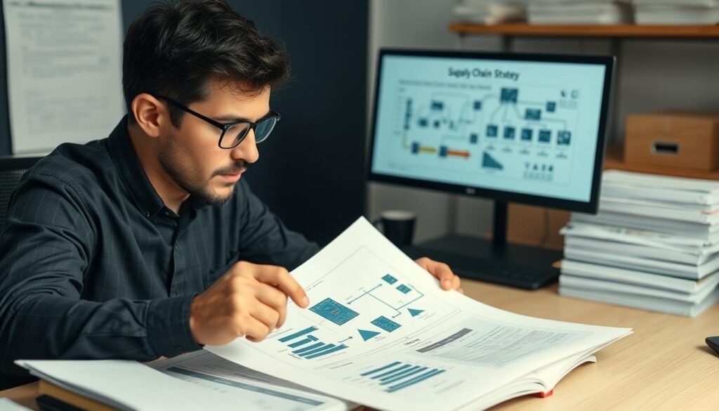 Supply chain manager reviewing a resilient PCBA supply chain strategy document