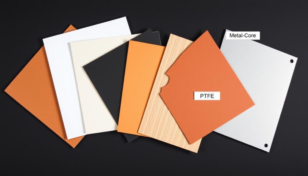 Various PCB laminate materials arranged to show the spectrum of options available to designers