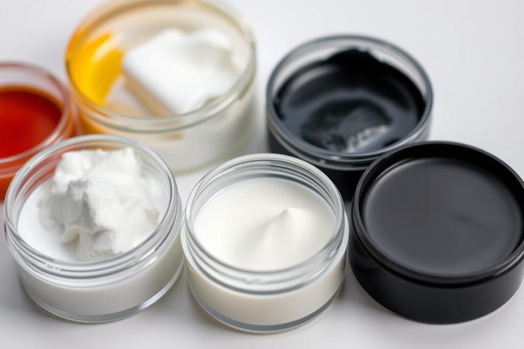 Various potting materials showing different colors and textures of epoxy, silicone, and polyurethane compounds