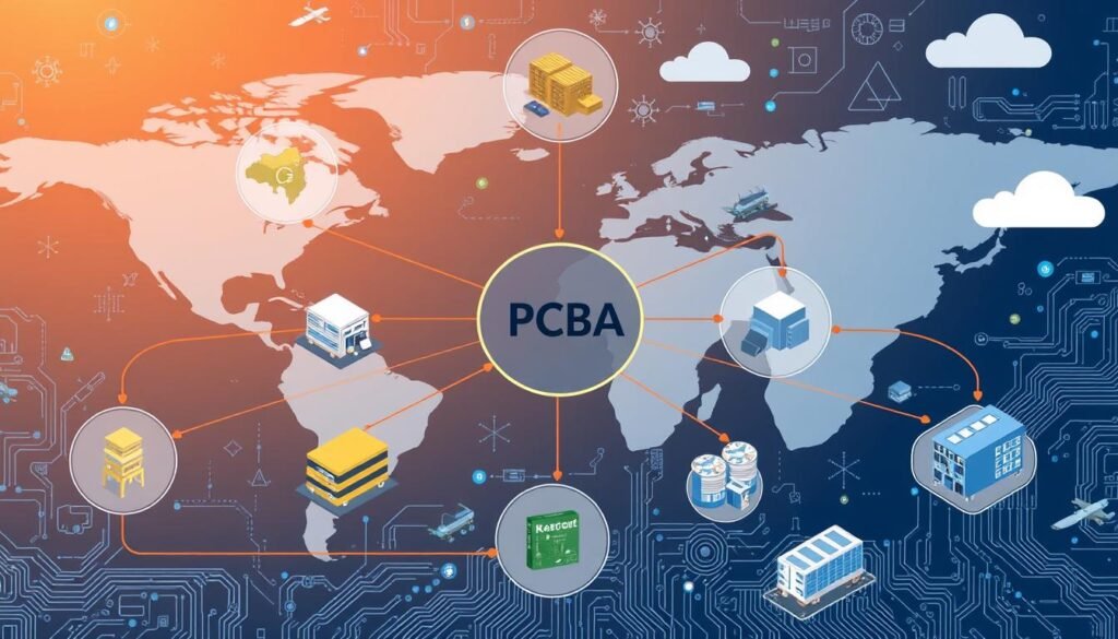 Visual representation of diversified PCBA supply chain strategy showing multiple supplier connections