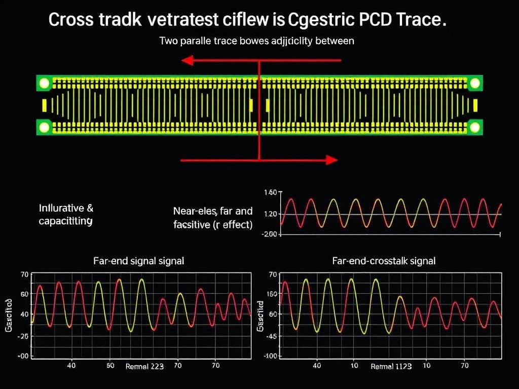 Visualization of crosstalk between adjacent PCB traces showing coupling mechanisms Visualization of crosstalk between adjacent PCB traces showing coupling mechanisms