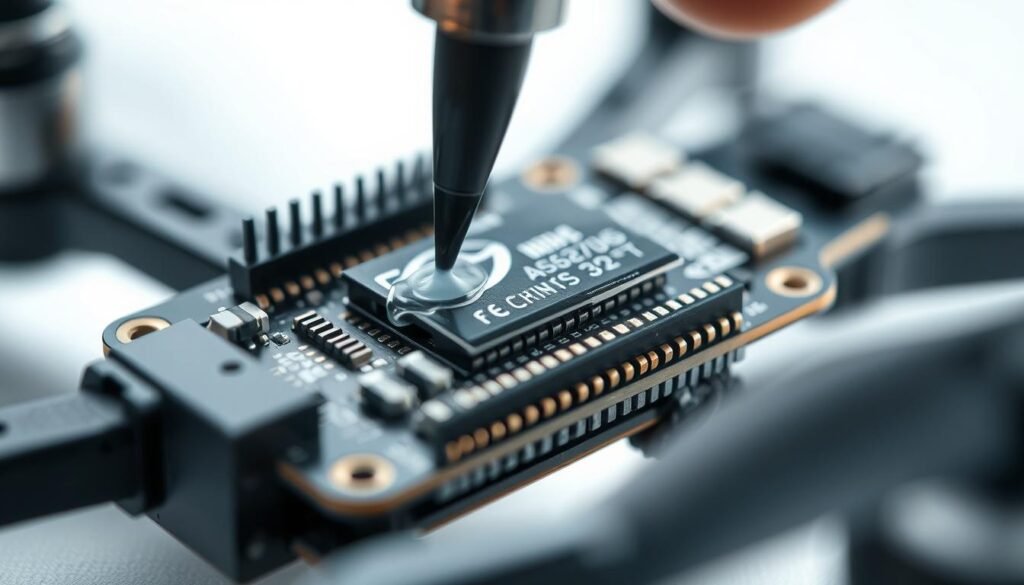 a close-up view of a drone electronic speed controller (ESC) module, with thermal gel being carefully applied to its surface using a precision applicator tool. The ESC is positioned prominently in the foreground, with a crisp, high-resolution focus. The thermal gel appears as a semi-transparent, viscous substance being smoothly spread across the ESC's components, ensuring efficient heat transfer. The background is softly blurred, emphasizing the technical details of the thermal management process. Bright, directional lighting illuminates the scene, casting subtle shadows and highlighting the textures of the materials. The overall tone is one of technical precision and attention to thermal performance optimization for high-power drone motor controllers.