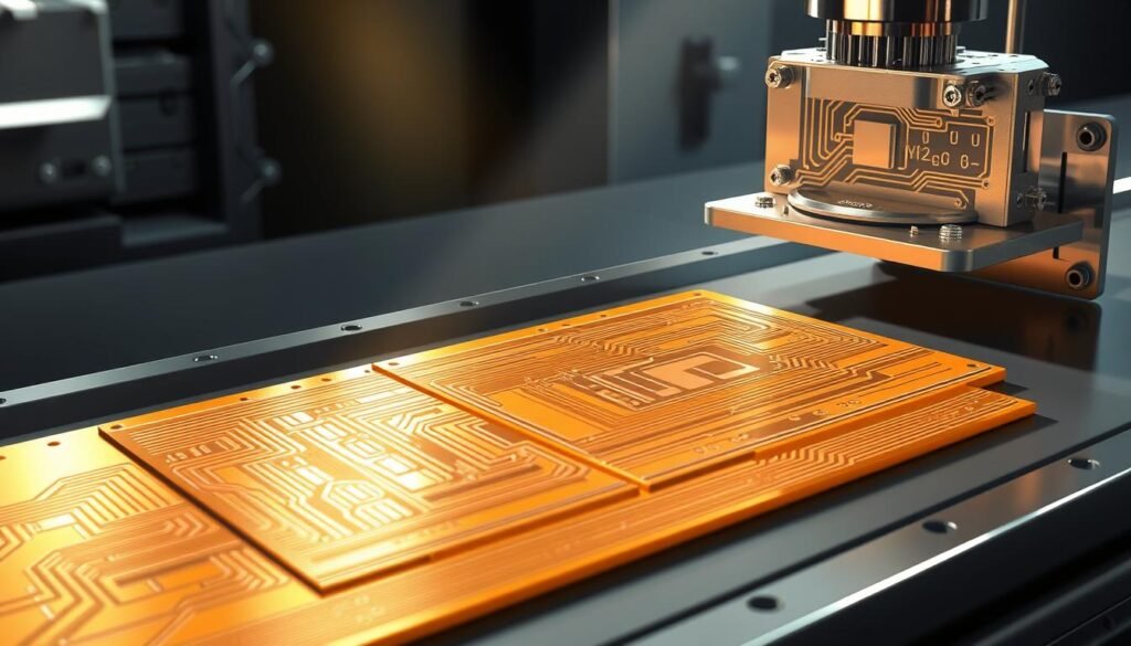 a detailed, highly technical illustration of the custom IMS PCB manufacturing process, showcasing the various stages and components involved. The foreground depicts the copper-clad laminate being precisely cut and etched, with intricate patterns emerging. In the middle ground, the insulation layer is carefully applied, providing thermal and electrical isolation. The background reveals the final assembly, with the metal baseplate precisely aligned and bonded, creating a robust and reliable PCB suitable for power module applications. The scene is illuminated by bright, directional lighting, casting sharp shadows and highlighting the fine details of the manufacturing steps. The overall mood is one of precision, engineering excellence, and attention to detail.