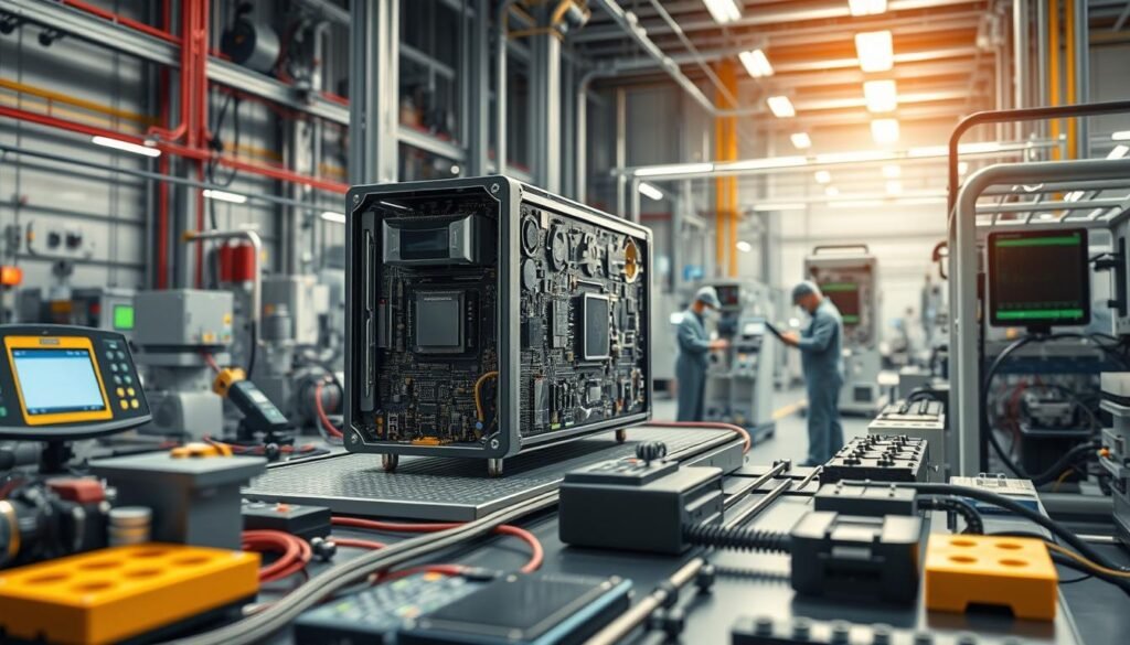 a highly detailed and photorealistic illustration of device lifecycle management solutions, featuring a central focus on a complex electronic device undergoing various stages of its lifecycle, including assembly, testing, maintenance, and end-of-life processing. The foreground should depict the device with a precision-engineered level of detail, showcasing its intricate components and internal structure. The middle ground should include various tools, equipment, and personnel involved in the different lifecycle stages, presented in a well-organized and technologically advanced setting. The background should convey a sense of scale and complexity, with a sophisticated, high-tech facility or laboratory environment, complete with advanced manufacturing equipment, diagnostic systems, and clean room-like spaces. The overall scene should exude a mood of precision, efficiency, and long-term reliability, reflecting the core concepts of "Long-Term Manufacturing Support for Security Products with 10+ Year Lifecycles".