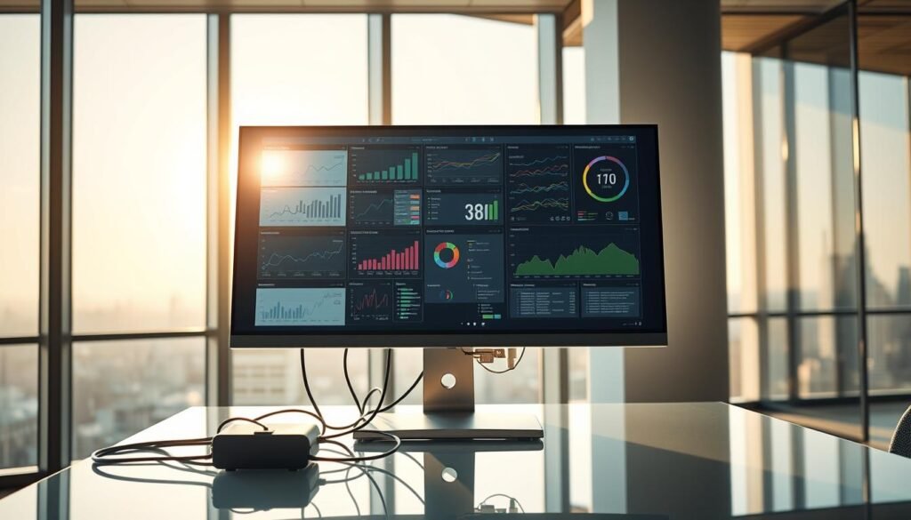 a highly detailed and photorealistic image of a data management system integration, set in a modern, well-lit office environment. In the foreground, there is a sleek, minimalist computer monitor displaying various data visualizations and analytics dashboards. Cables and wiring neatly connect the monitor to a powerful server tower in the middle ground, which is situated on a clean, glass-topped desk. The background features floor-to-ceiling windows overlooking a cityscape, with the sun casting a warm, natural light throughout the scene. The overall atmosphere conveys a sense of technological sophistication, efficiency, and data-driven decision making.