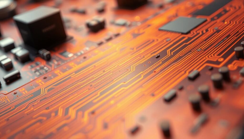 a highly detailed and photorealistic image of a specialized aerospace printed circuit board material, showcasing the synergy between polyimide and high-temperature laminates. The scene depicts a close-up view of the PCB material, with intricate copper traces and vias running across a vibrant, fiery-orange polyimide substrate. The texture of the material is crisp and tactile, with a subtle sheen that reflects the warm, directional lighting from above. In the background, a blurred, out-of-focus array of electronic components and aerospace-grade connectors provides context, hinting at the high-performance, mission-critical applications of this specialized PCB material. The overall mood is one of technical precision, innovative engineering, and the relentless pursuit of technological excellence in the aerospace industry.