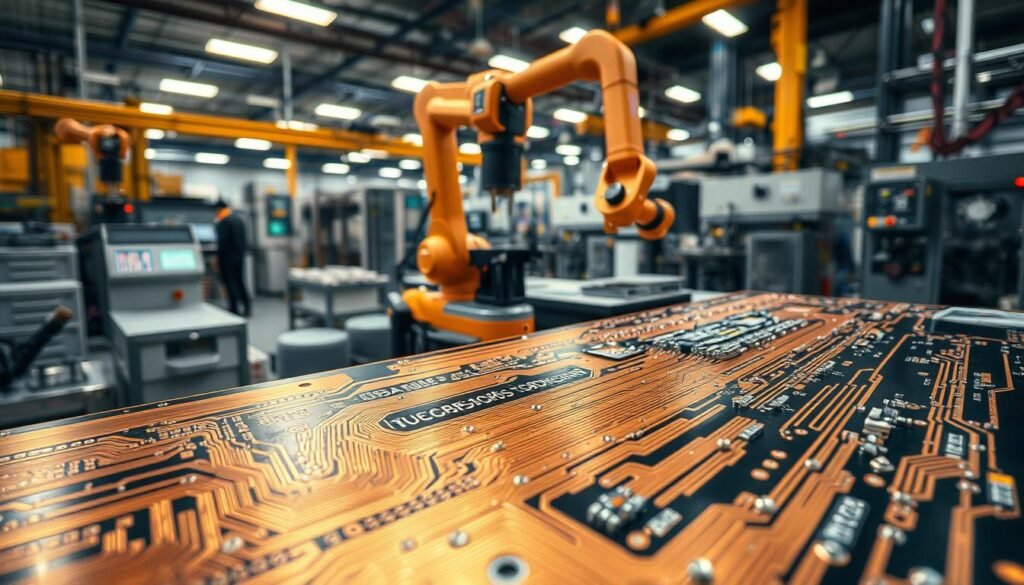a highly detailed close-up view of a complex industrial copper printed circuit board (PCB) manufacturing process, captured under bright, evenly distributed lighting with a sharp, high-resolution lens. The foreground depicts intricate copper traces and pads being carefully etched and plated on a thick, rigid PCB substrate. The middle ground shows robotic assembly equipment precisely placing and soldering electronic components onto the PCB. The background reveals the broader manufacturing environment, with rows of specialized machines, control panels, and workers in protective gear overseeing the production line. The overall atmosphere conveys the technical complexity, precision, and importance of the heavy copper PCB manufacturing process for power conversion electronics.