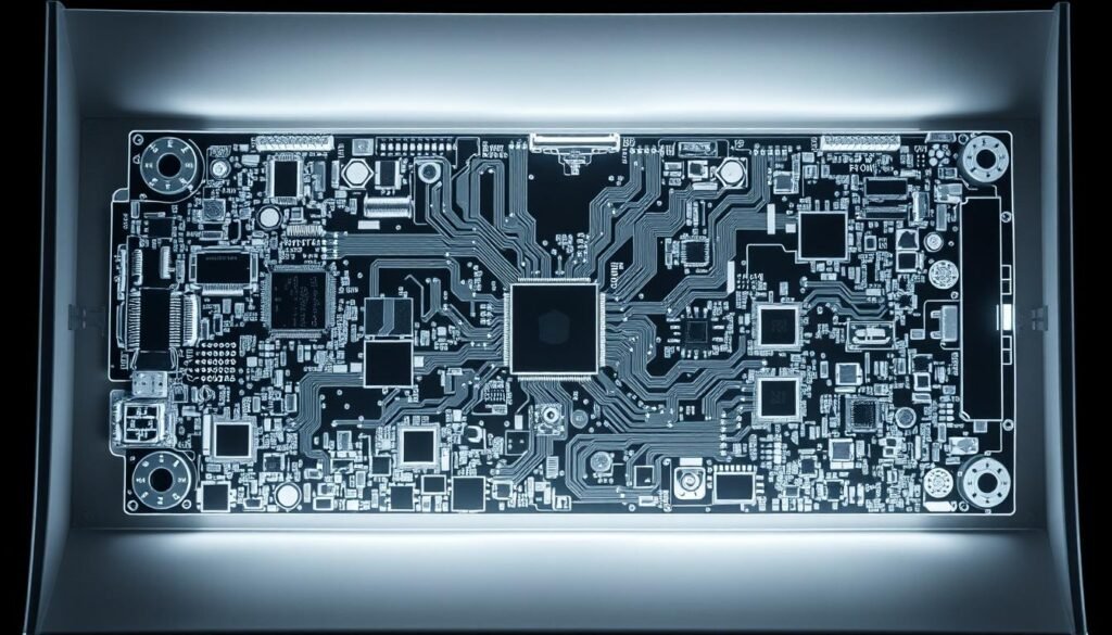 a highly detailed x-ray quality control inspection of an avionics printed circuit board assembly (PCBA), showcasing the intricate internal structures and components with exceptional clarity and precision. The image is captured using advanced x-ray imaging technology, rendering the PCBA in a vivid, monochromatic palette that highlights the board's complex circuitry, solder joints, and embedded components. The scene is illuminated by a soft, directional light source, casting subtle shadows that accentuate the depth and dimensionality of the PCBA. The camera angle is positioned to provide an optimal, unobstructed view of the board, allowing for a comprehensive assessment of its structural integrity and manufacturing quality.