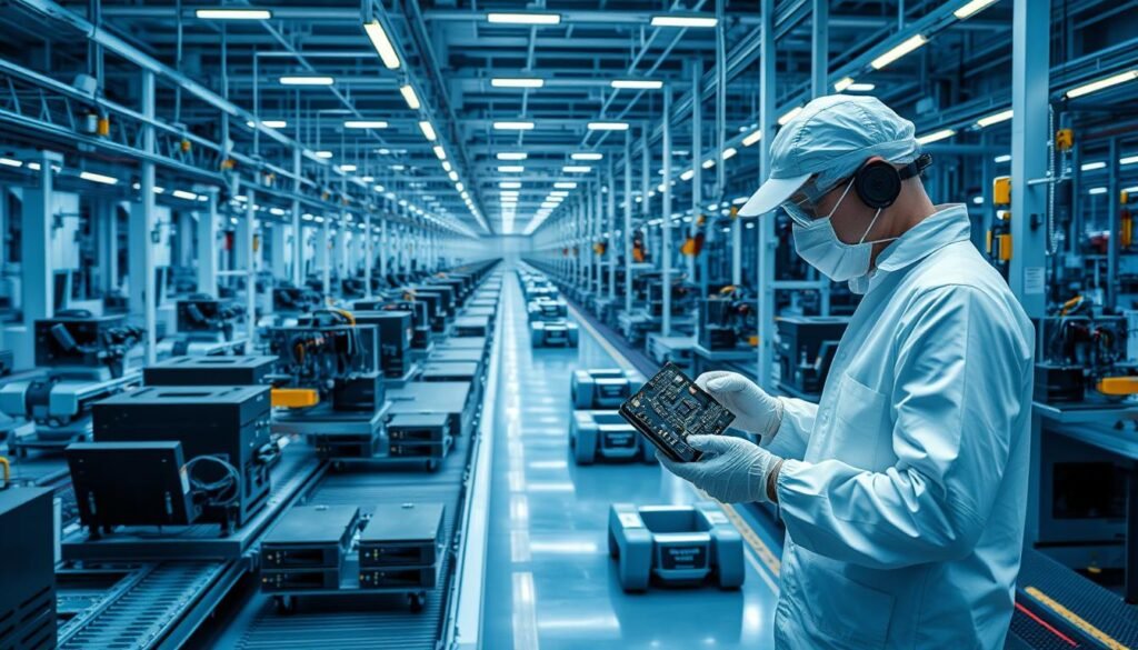 a precision factory floor with rows of advanced robotic welding stations, automated conveyor belts, and state-of-the-art assembly lines manufacturing a variety of sleek automotive electronic control units and modules. the scene is bathed in a cool, technical lighting scheme, with a minimalist, high-tech aesthetic. in the foreground, a technician in a clean-room suit inspects a newly assembled ECU, while in the background, a fleet of autonomous guided vehicles transports materials and components. the overall impression is one of efficiency, innovation, and the seamless integration of human and machine in the production of cutting-edge automotive electronics.