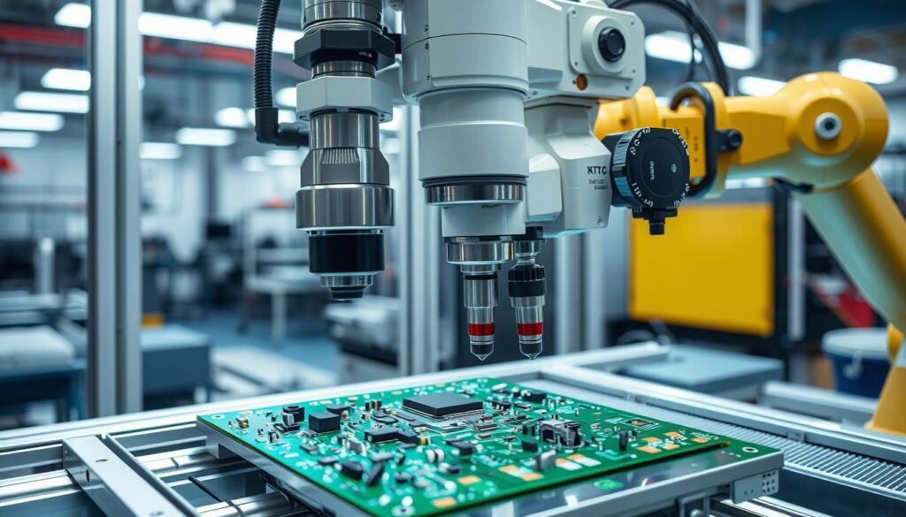 a precision robotic inspection system with multiple high-resolution cameras and advanced computer vision algorithms, examining a printed circuit board assembly (PCBA) under bright, evenly distributed lighting. The PCBA is positioned at an optimal angle, allowing the inspection system to thoroughly scan all components and solder joints. The system's mechanical arm moves with smooth, measured motions, capturing detailed images from various perspectives. The background is a clean, modern manufacturing environment with a sense of efficiency and technical sophistication.