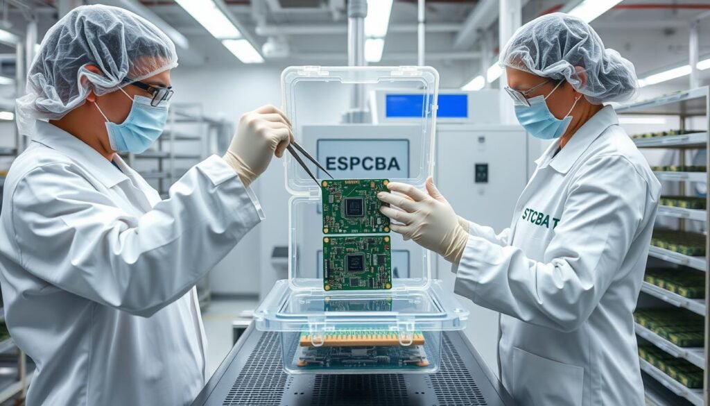 A clean, well-lit production facility with technicians in white lab coats and hairnets carefully handling a ESPCBA circuit board. The board is held with antistatic tweezers and lowered into an open, transparent, moisture-proof container. The workers move with precision, conveying the importance of proper handling procedures. The background features shelves of similar moisture-sensitive components and a humidifier maintaining optimal climate conditions. The scene exudes a sense of professionalism and attention to detail essential for maintaining product integrity throughout the supply chain.