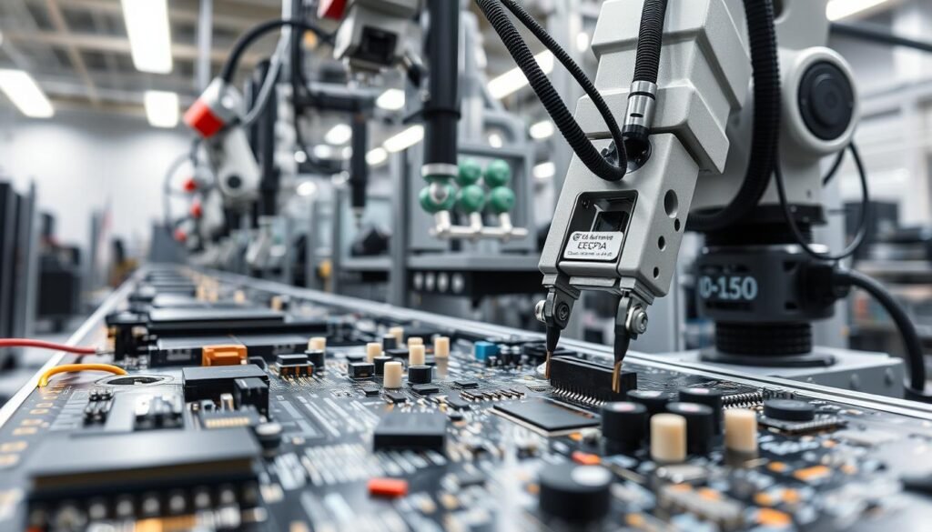 A close-up view of a PCBA (Printed Circuit Board Assembly) manufacturing process, showcasing the intricate details of the ESPCBA. In the foreground, precision robotic arms meticulously place electronic components onto the board, while the middle ground reveals the assembly line's automated soldering and inspection stations. The background features the clean, well-lit production facility, with a sense of technical sophistication and attention to detail. The image conveys the high-precision, efficient, and modern nature of the PCBA manufacturing process.
