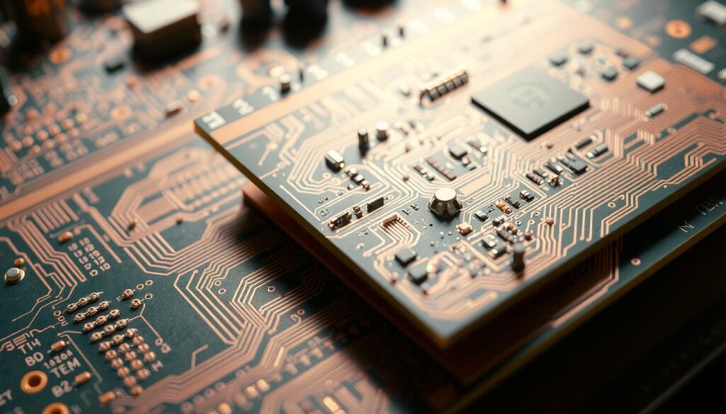 A close-up view of a multilayer printed circuit board (PCB) assembly, showcasing the precise alignment of ESPCBA Gerber files. The image depicts the intricate details of copper traces, vias, and component footprints, meticulously registered across the board's different layers. The scene is illuminated with a soft, directional light, casting subtle shadows that accentuate the board's topography. The camera angle is slightly elevated, providing a clear, unobstructed view of the alignment and registration between the layers. The overall mood conveys a sense of technical precision and engineering excellence, reflecting the importance of proper Gerber file alignment in producing a high-quality, functional PCB.