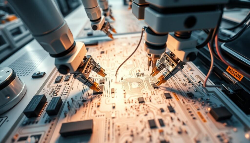 A close-up view of a precision SMT component placement process, showcasing the ESPCBA manufacturing facility. Intricate robotic arms delicately align tiny electronic components on a pristine circuit board, their movements choreographed with robotic efficiency. Bright, diffused lighting illuminates the scene, casting a soft glow on the meticulously arranged components. The camera angle offers a bird's-eye perspective, providing a detailed overview of the component placement procedure. The overall atmosphere conveys a sense of technical excellence, attention to detail, and the seamless integration of human expertise and machine automation.