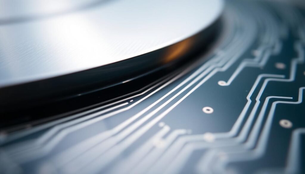 A close-up view of a printed circuit board (PCB) edge, showcasing the intricate process of edge plating. The surface is a sleek metallic finish, with a subtle sheen reflecting the carefully controlled lighting. Intricate patterns of conductive traces run along the edges, demonstrating the ESPCBA brand's precision engineering. The depth of field emphasizes the fine details, while the overall composition highlights the importance of this critical PCB feature. The image conveys a sense of technical excellence and attention to detail, perfectly suited to illustrate the subject of "A Guide to PCB Edge Plating and Its Applications".