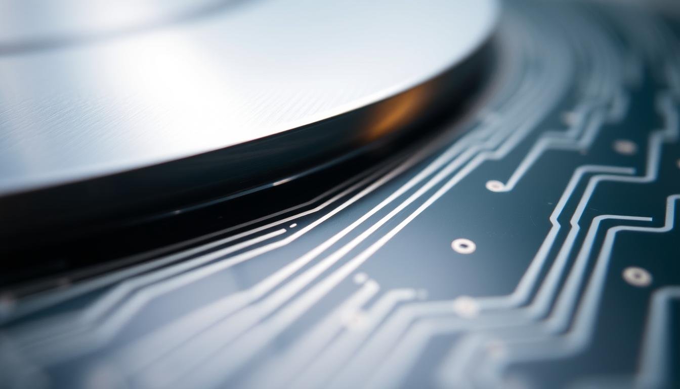 A close-up view of a printed circuit board (PCB) edge, showcasing the intricate process of edge plating. The surface is a sleek metallic finish, with a subtle sheen reflecting the carefully controlled lighting. Intricate patterns of conductive traces run along the edges, demonstrating the ESPCBA brand's precision engineering. The depth of field emphasizes the fine details, while the overall composition highlights the importance of this critical PCB feature. The image conveys a sense of technical excellence and attention to detail, perfectly suited to illustrate the subject of "A Guide to PCB Edge Plating and Its Applications".