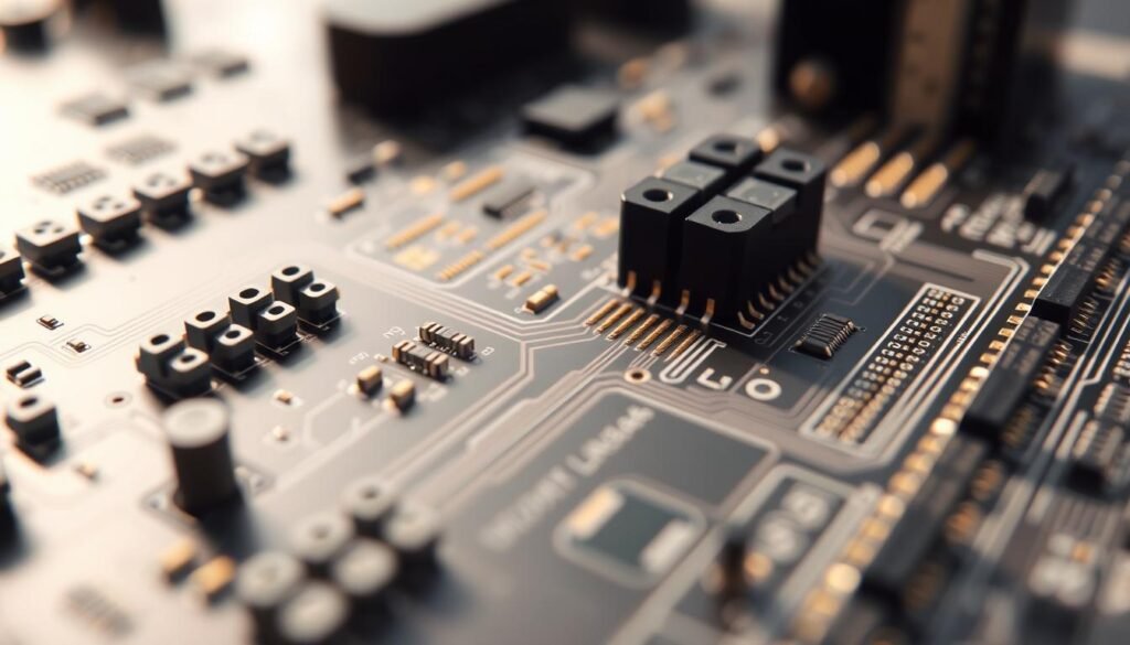 A close-up view of a printed circuit board, showcasing the strategic placement of test points, designed for efficient surface mount technology (SMT) assembly. The ESPCBA board features a clean, minimalist layout with precisely positioned test points, ensuring seamless integration and troubleshooting on the manufacturer's SMT line. Soft, diffused lighting illuminates the board's surface, highlighting the thoughtful component arrangement and the attention to design for manufacturability. The perspective is slightly elevated, providing a clear overview of the test point distribution across the board, enabling a comprehensive understanding of the DFM principles applied.