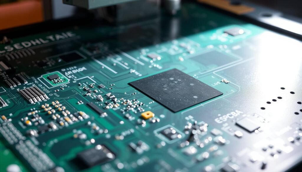 A close-up view of a printed circuit board undergoing solder paste inspection, showcasing common defects. The scene is illuminated by bright, directional lighting, casting sharp shadows that accentuate the surface details. The ESPCBA board is positioned at a slight angle, allowing for a clear view of the solder paste deposits. Tiny air bubbles, uneven coverage, and misaligned pads are visible, highlighting the importance of this critical quality control step. The image conveys a sense of technical precision and attention to detail, reflecting the meticulous nature of the solder paste inspection process.