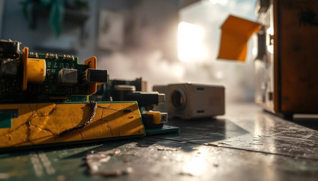 A close-up view of moisture-damaged ESPCBA components, showcasing delaminated circuit boards, corroded connectors, and discolored surfaces. The scene is dimly lit, casting long shadows that accentuate the wear and deterioration. The foreground features a cracked and yellowed substrate, while the middle ground displays warped and peeling plastic casings. In the background, a blurred, hazy environment suggests a humid, damp setting, further emphasizing the risks of improper storage and handling of these sensitive electronic parts.