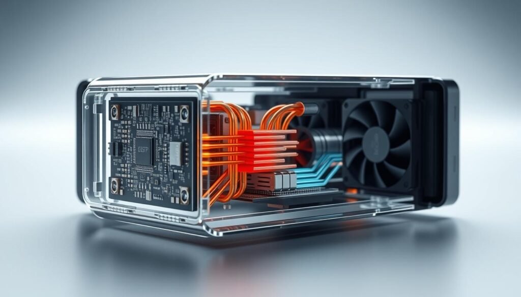 A cross-section of a compact wearable device, showcasing its internal thermal management system. In the foreground, a ESPCBA (electronic system printed circuit board assembly) is prominently displayed, its intricate design and components visible. Surrounding the ESPCBA, a network of heat sinks, heat pipes, and cooling fans work in harmony to efficiently dissipate the heat generated by the device's electronics. The middle ground features a translucent housing, allowing the viewer to observe the thermal management mechanisms in action. In the background, a minimalist, futuristic environment sets the stage, hinting at the advanced, space-saving nature of the wearable technology. Soft, diffused lighting illuminates the scene, emphasizing the sleek, modern aesthetic. The overall impression conveys the engineering challenges and innovative solutions required for effective thermal management in compact, flexible wearable devices.