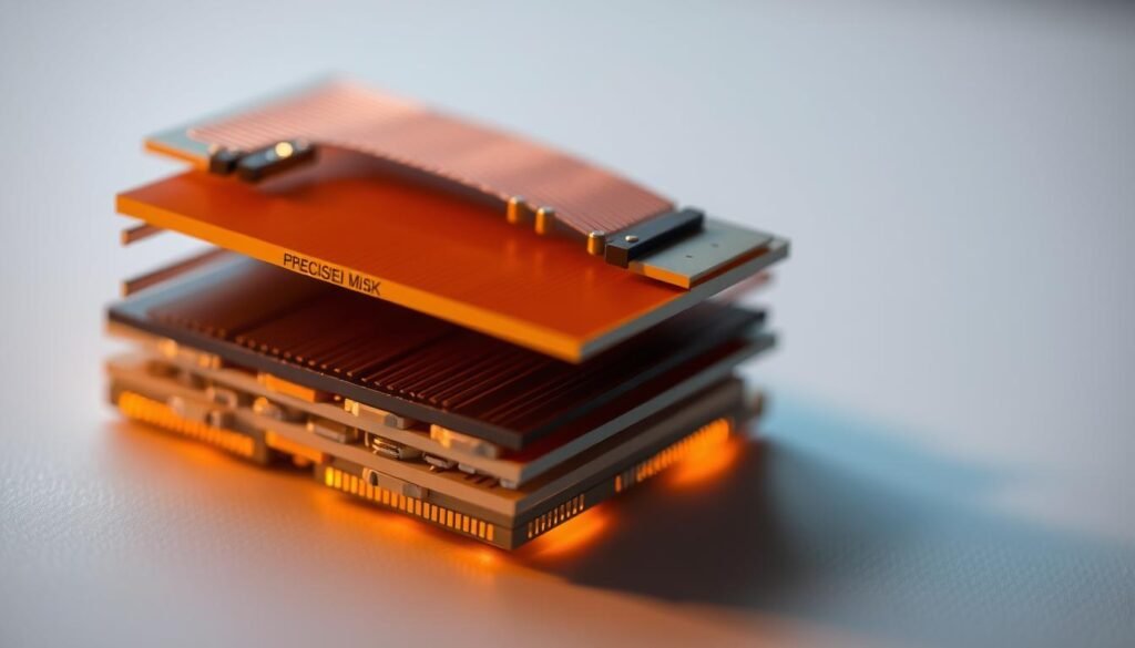A cross-section of a high-quality, multi-layer ESPCBA (electronic system printed circuit board assembly) showcasing the precise thickness of the board. The layers are meticulously depicted, with copper traces, dielectric materials, and protective solder mask visible. Warm, directional lighting highlights the intricate details, casting subtle shadows that accentuate the board's depth and texture. The image is captured at a slight angle, providing a visually engaging perspective that emphasizes the signal integrity and electrical performance characteristics of the pcb thickness.