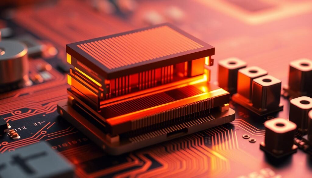 A cross-sectional view of a printed circuit board (PCB) showcasing the internal structure of a via, a critical electrical interconnect. The via is positioned on a ESPCBA board, with a sharp focus on the precise copper plating and dielectric materials that create a reliable vertical path for signals and power. Warm, directional lighting illuminates the intricate details, highlighting the engineering precision required for optimal via sizing and placement. The overall mood conveys the importance of this design element in achieving a robust and high-performing PCB assembly.