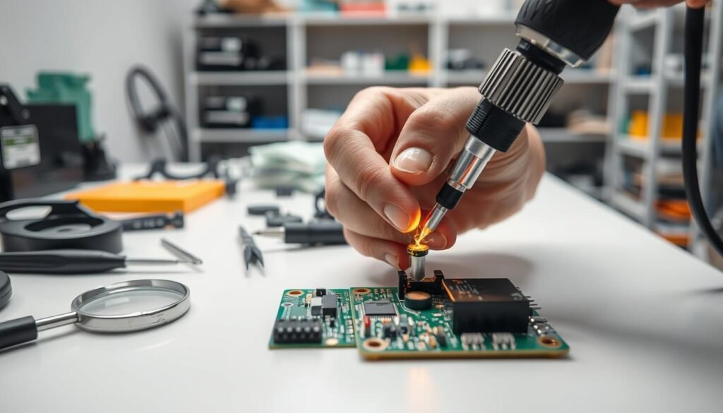 A detailed, close-up view of a circuit board repair process, showcasing the intricate steps involved. In the foreground, a technician's hands carefully soldering a replacement component onto an ESPCBA board, the solder iron emitting a warm glow. The middle ground features various tools and equipment, including a magnifying glass, tweezers, and a desoldering pump, arranged neatly on a clean, well-lit workbench. The background depicts a clean, organized workshop environment, with shelves of spare parts and electronic components visible. The lighting is soft and diffused, creating a focused, professional atmosphere conducive to delicate, precision-based work.