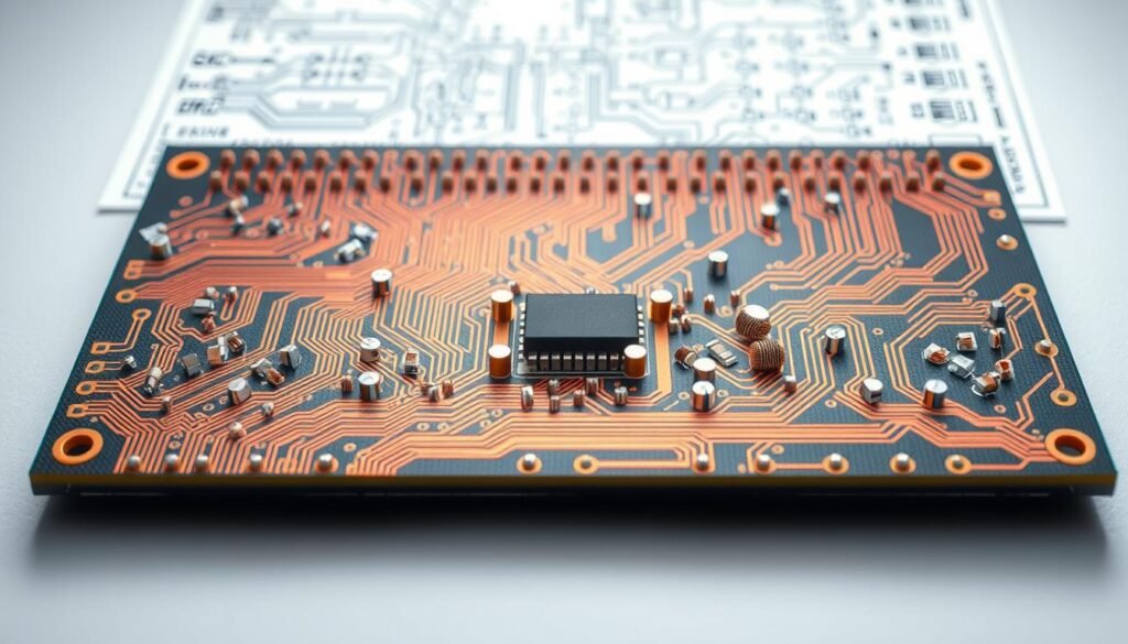 A detailed cross-section of a ESPCBA board, showcasing the ground plane optimization techniques for EMI reduction. In the foreground, a complex network of interconnected copper traces and vias weaves through the various PCB layers, forming an intricate ground plane topology. The middle ground highlights the strategic placement of decoupling capacitors and ferrite beads, designed to mitigate high-frequency noise and interference. In the background, a technical schematic provides a visual reference for the circuit layout, emphasizing the importance of minimizing EMI through deliberate ground plane design. The scene is illuminated by a soft, technical lighting, capturing the essence of a well-engineered ESPCBA board.