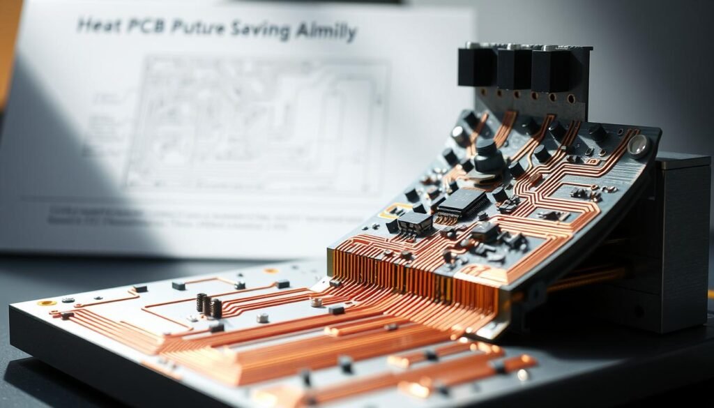 A detailed cross-section of an ESPCBA (Energy-Saving PCB Assembly) showcasing the challenges of aluminum PCB implementation. In the foreground, intricate copper traces wind through the aluminum base, highlighting the complex thermal pathways. The middle ground reveals the delicate semiconductor components and their integration with the conductive substrate. In the background, a hazy, technical diagram illustrates the principles of heat dissipation, casting a contemplative mood. Shadows and highlights accentuate the three-dimensional nature of the assembly, captured from an oblique angle under soft, diffused lighting to emphasize the engineering considerations.